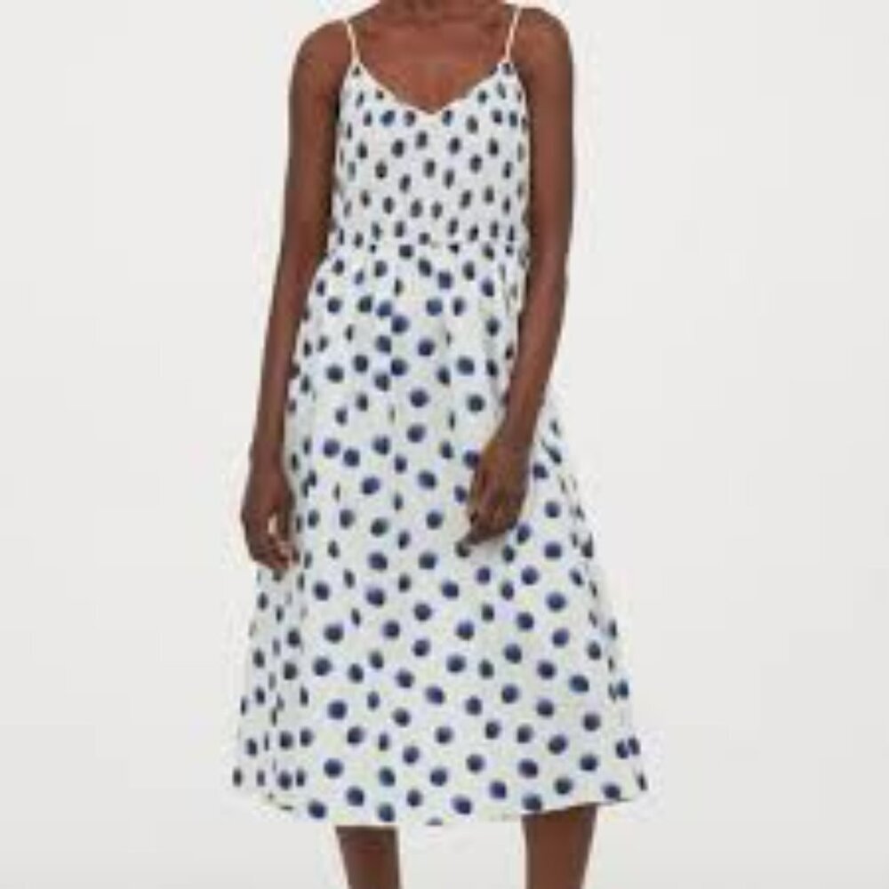 H&M White with Blue Dots Summer Dress Smocked Top 100% Cotton Full Skirt Size L